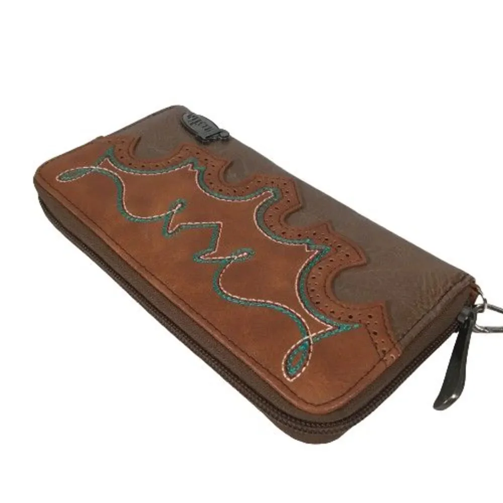 Justin Women Wallet Western Wristlet Clutch Brown Teal Embroidery Zip Around New